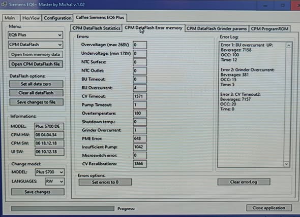 Odczyt pamięci błędów modułu Siemens EQ6 w programie serwisowym