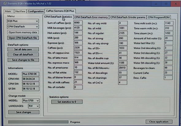Statystyki pracy ekspresu Siemens EQ6 odczytane z modułu